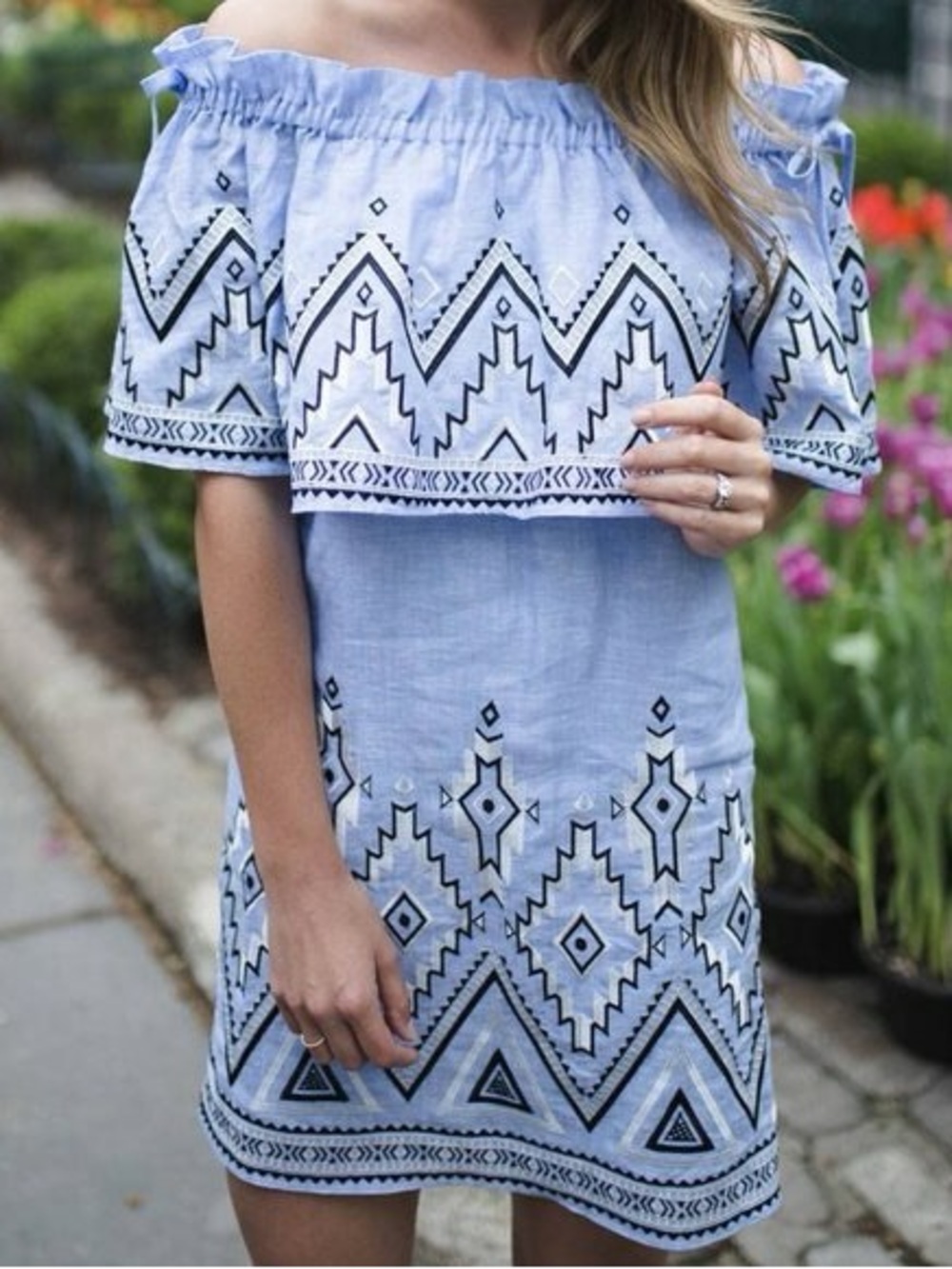 Parker XS Blue Off Shoulder Embroidered Linen Blend Mini Dress Boho Southwestern